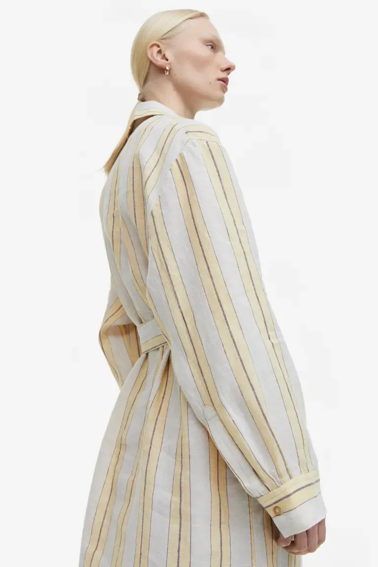 H&M Linen Shirtdress, Pale Yellow/Striped