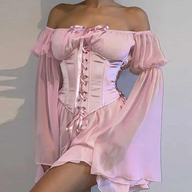 Shoulder Mesh Yarn Short Flare Sleeve Lace Up Corset Bustier A-line Evening Summer Off Dress