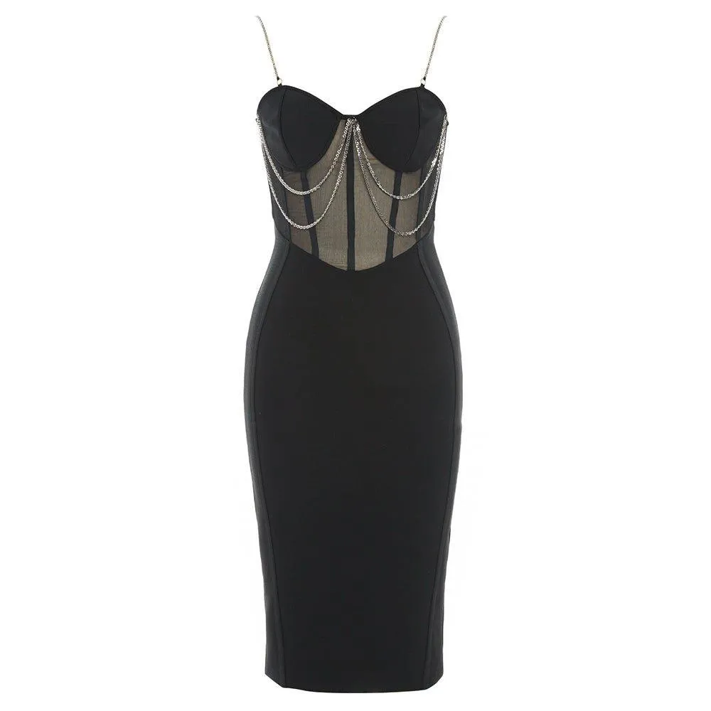 Women's Black Over Knee Bandage Dress - Strappy Sleeveless Chain Detail, Summer Sundress