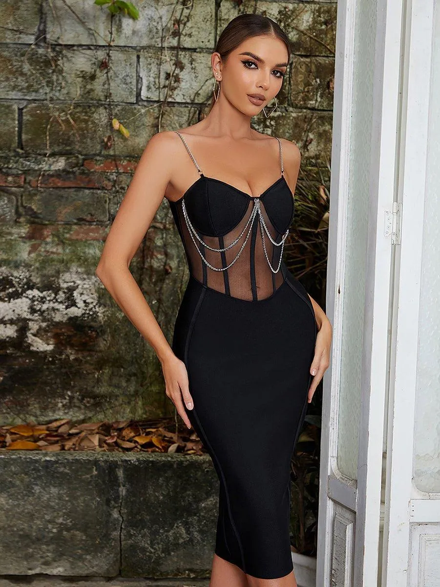Women's Black Over Knee Bandage Dress - Strappy Sleeveless Chain Detail, Summer Sundress