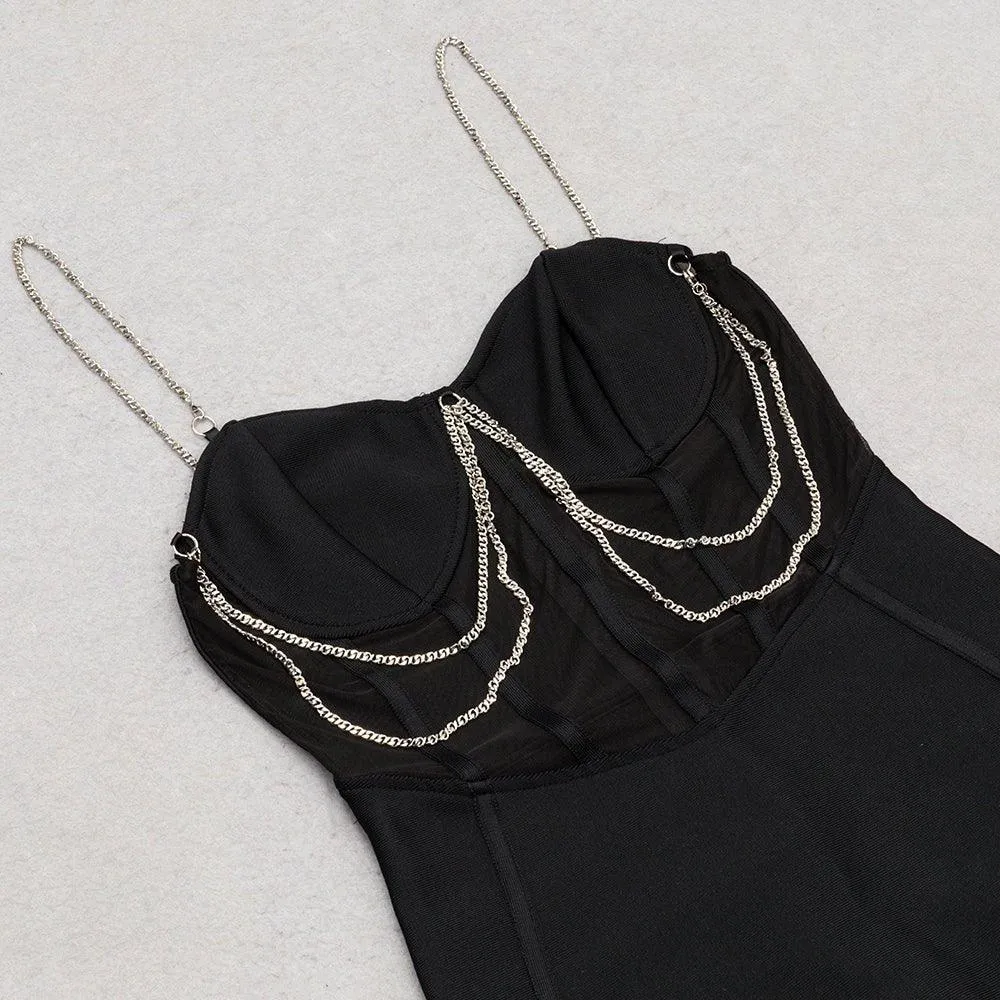 Women's Black Over Knee Bandage Dress - Strappy Sleeveless Chain Detail, Summer Sundress