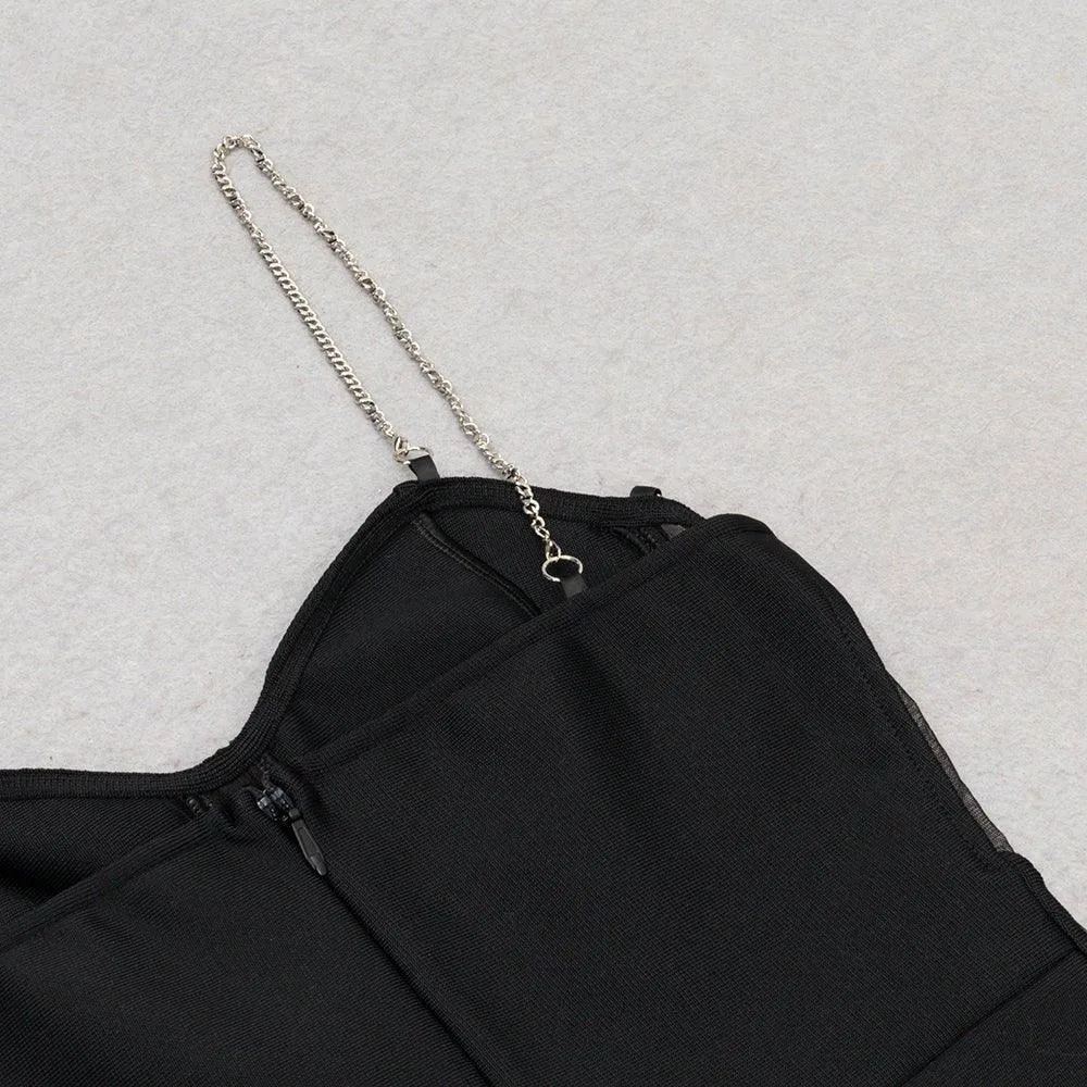 Women's Black Over Knee Bandage Dress - Strappy Sleeveless Chain Detail, Summer Sundress
