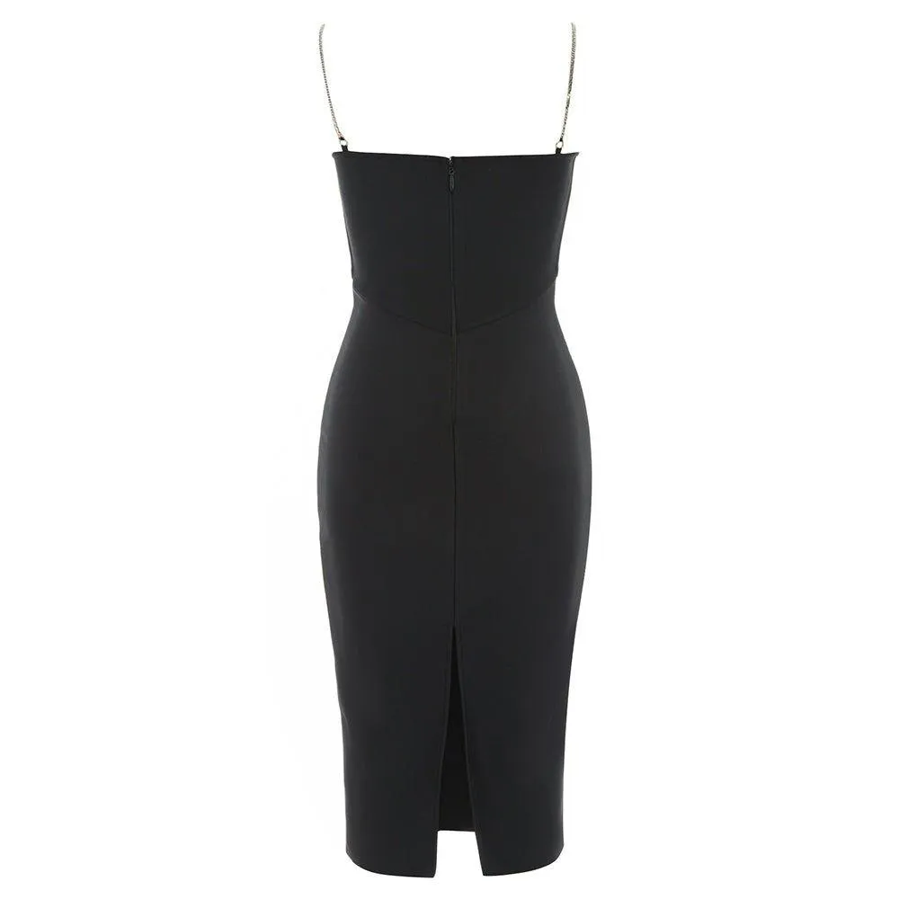 Women's Black Over Knee Bandage Dress - Strappy Sleeveless Chain Detail, Summer Sundress