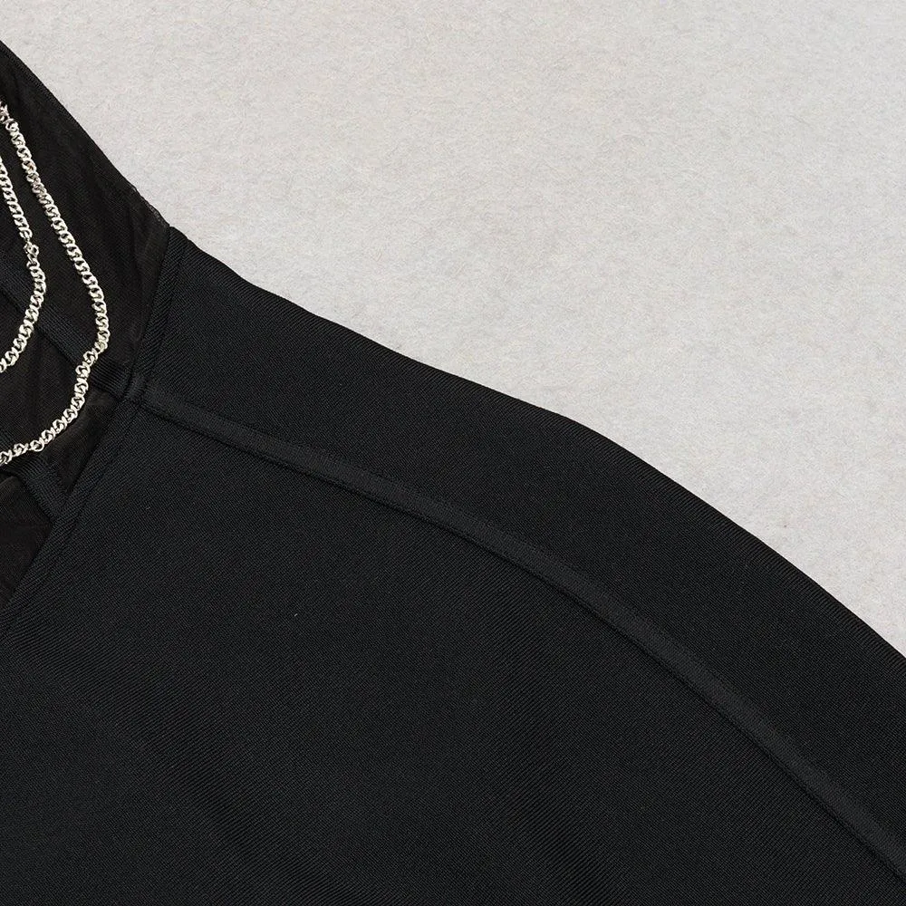Women's Black Over Knee Bandage Dress - Strappy Sleeveless Chain Detail, Summer Sundress